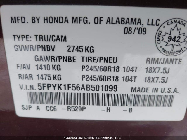 2010 Honda Ridgeline Rtl მანქანა იყიდება აუქციონზე, vin: 5FPYK1F56AB501099, აუქციონის ნომერი: 12568414