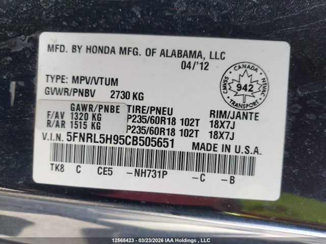 Продаж на аукціоні авто 2012 Honda Odyssey Touring, vin: 5FNRL5H95CB505651, номер лоту: 12568423