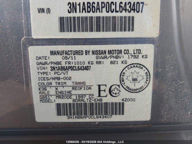 12568436 :رقم المزاد ، 3N1AB6AP0CL643407 vin ، 2012 Nissan Sentra 2.0 S مزاد بيع