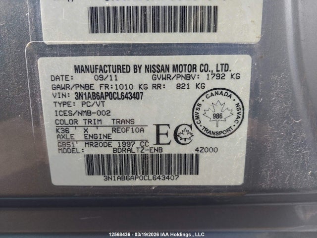 12568436 :رقم المزاد ، 3N1AB6AP0CL643407 vin ، 2012 Nissan Sentra 2.0 S مزاد بيع