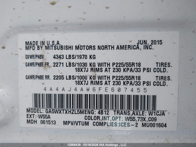Продажа на аукционе авто 2015 Mitsubishi Rvr Gt, vin: 4A4AJ4AW6FE607455, номер лота: 12568439