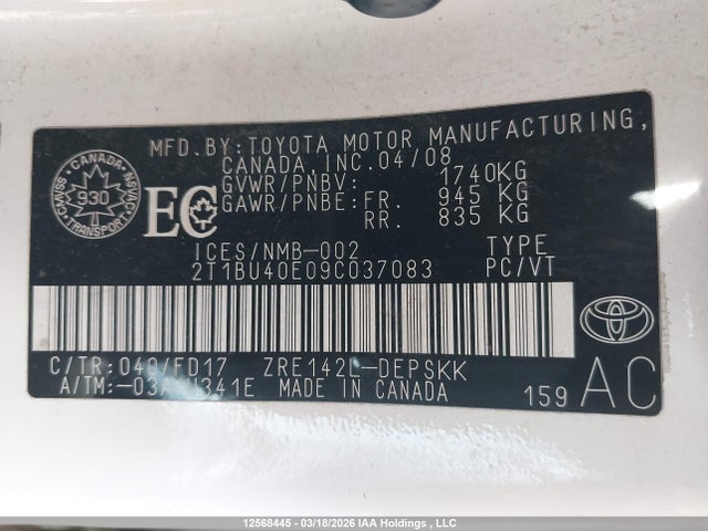 12568445 :رقم المزاد ، 2T1BU40E09C037083 vin ، 2009 Toyota Corolla S مزاد بيع