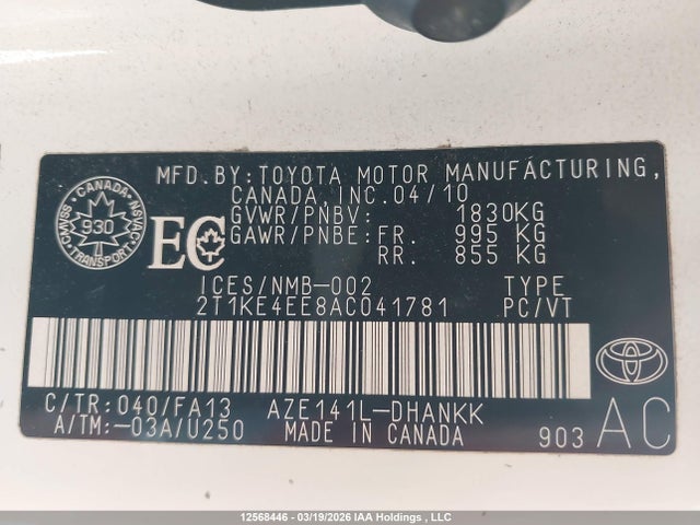 2010 Toyota Matrix Xr მანქანა იყიდება აუქციონზე, vin: 2T1KE4EE8AC041781, აუქციონის ნომერი: 12568446