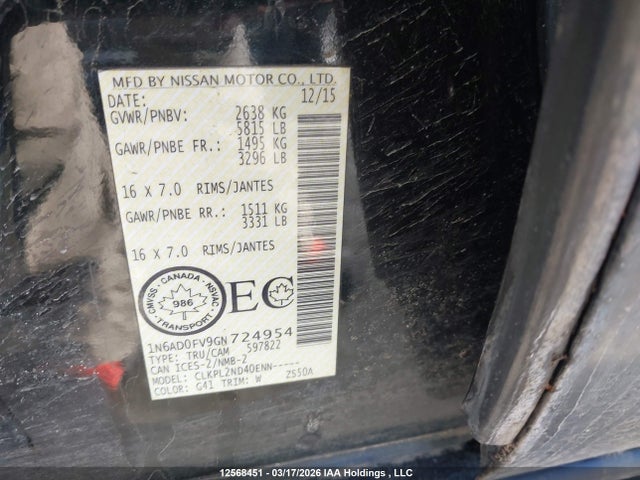 1N6AD0FV9GN724954 Nissan Frontier Sv/sl