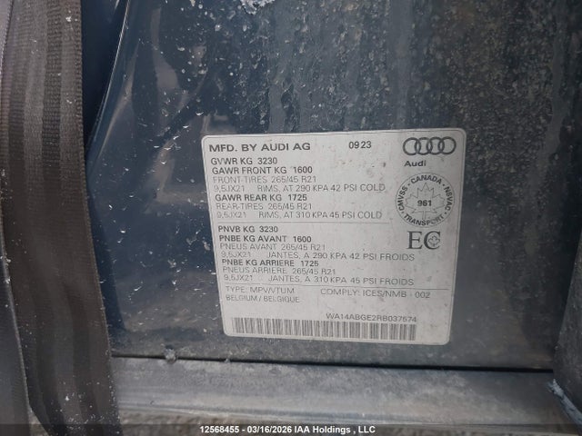 2024 Audi Q8 E-tron მანქანა იყიდება აუქციონზე, vin: WA14ABGE2RB037574, აუქციონის ნომერი: 12568455