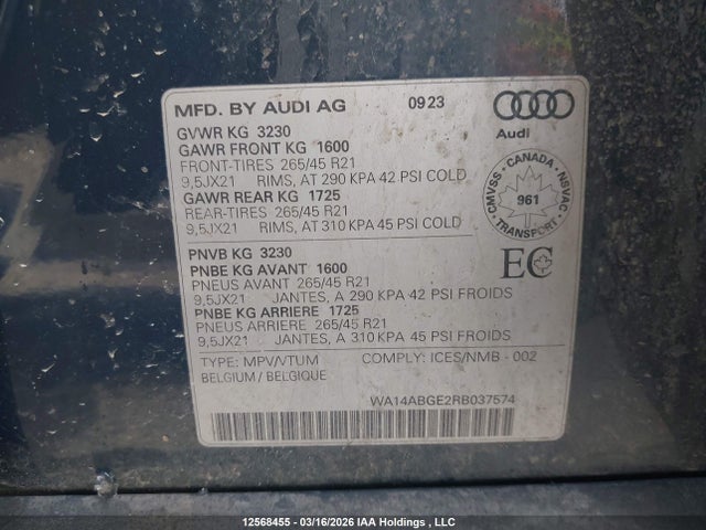 2024 Audi Q8 E-tron მანქანა იყიდება აუქციონზე, vin: WA14ABGE2RB037574, აუქციონის ნომერი: 12568455