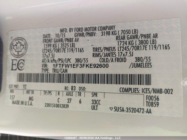Aukcja sprzedaży 2015 Ford F-150 Xlt, vin: 1FTFW1EF3FKE92600, numer aukcji: 12568457