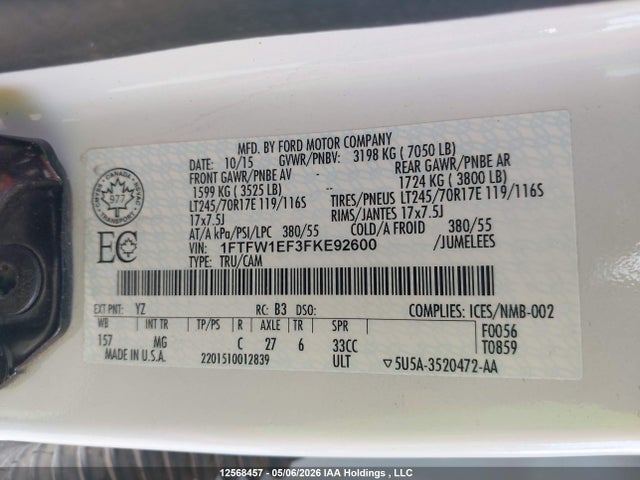 Aukcja sprzedaży 2015 Ford F-150 Xlt, vin: 1FTFW1EF3FKE92600, numer aukcji: 12568457