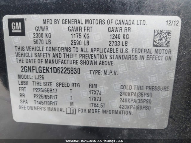 12568460 :رقم المزاد ، 2GNFLGEK1D6225830 vin ، 2013 Chevrolet Equinox Ltz مزاد بيع
