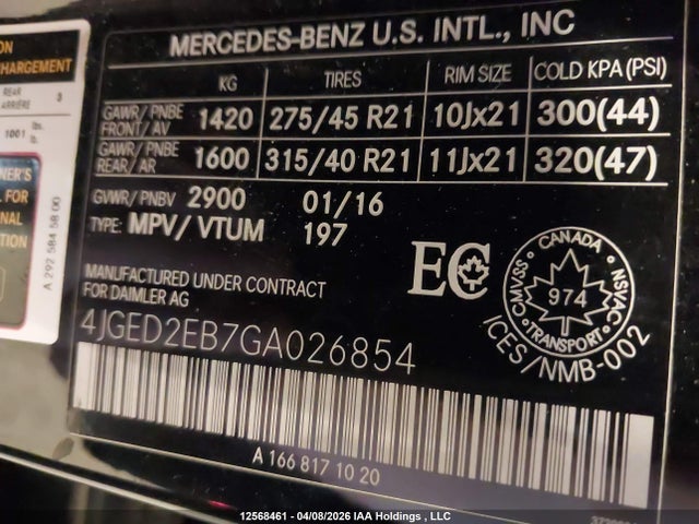 12568461 :رقم المزاد ، 4JGED2EB7GA026854 vin ، 2016 Mercedes-benz Gle 350d 4matic مزاد بيع