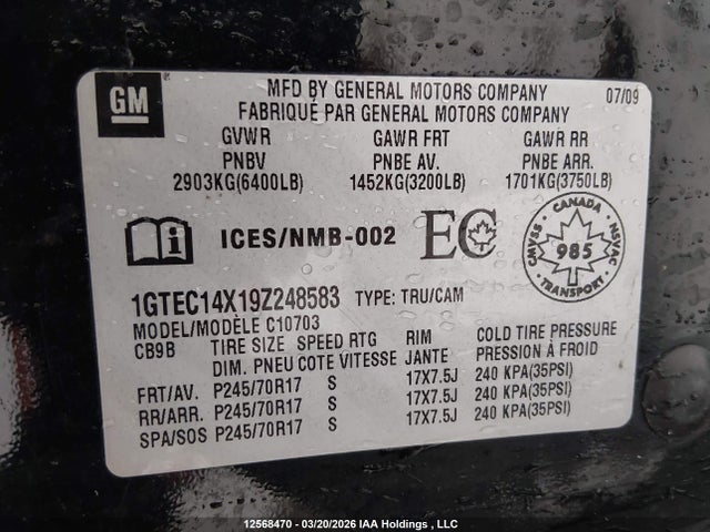 12568470 :رقم المزاد ، 1GTEC14X19Z248583 vin ، 2009 Gmc Sierra C1500 مزاد بيع