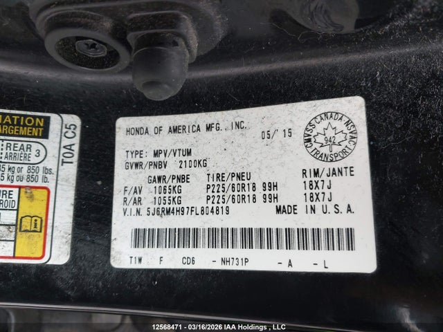 12568471 :رقم المزاد ، 5J6RM4H97FL804819 vin ، 2015 Honda Cr-v Touring مزاد بيع