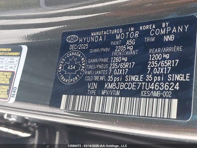 Aukcja sprzedaży 2026 Hyundai Tucson Sel, vin: KM8JBCDE7TU463624, numer aukcji: 12568472