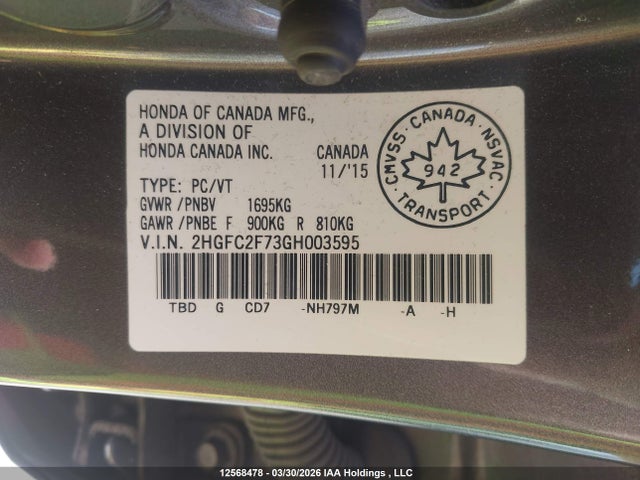Aukcja sprzedaży 2016 Honda Civic Ex 4dr, vin: 2HGFC2F73GH003595, numer aukcji: 12568478
