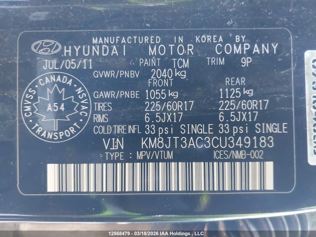12568479 :رقم المزاد ، KM8JT3AC3CU349183 vin ، 2012 Hyundai Tucson مزاد بيع