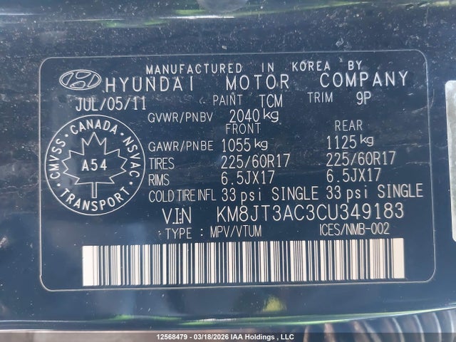 12568479 :رقم المزاد ، KM8JT3AC3CU349183 vin ، 2012 Hyundai Tucson مزاد بيع