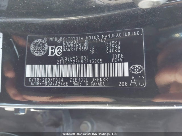 Aukcja sprzedaży 2008 Toyota Matrix Xr, vin: 2T1KR32E98C715885, numer aukcji: 12568480