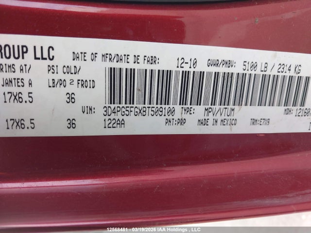 12568481 :رقم المزاد ، 3D4PG5FGXBT509100 vin ، 2011 Dodge Journey Sxt مزاد بيع
