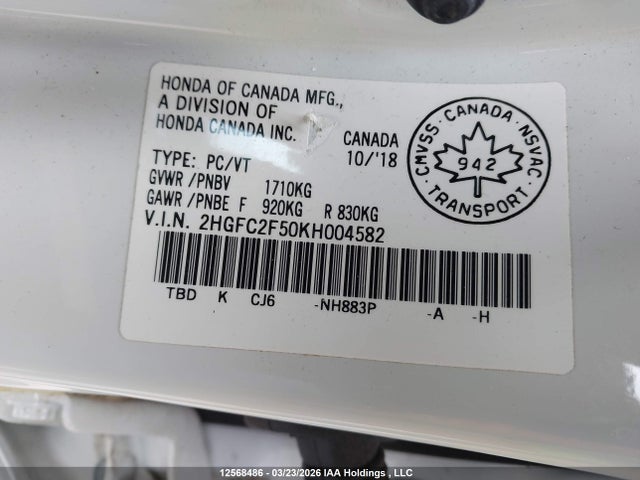 Aukcja sprzedaży 2019 Honda Civic Lx, vin: 2HGFC2F50KH004582, numer aukcji: 12568486