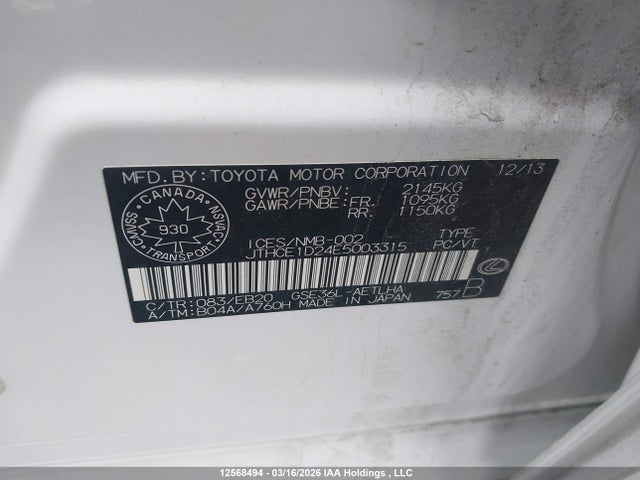 12568494 :رقم المزاد ، JTHCE1D24E5003315 vin ، 2014 Lexus Is 350 مزاد بيع