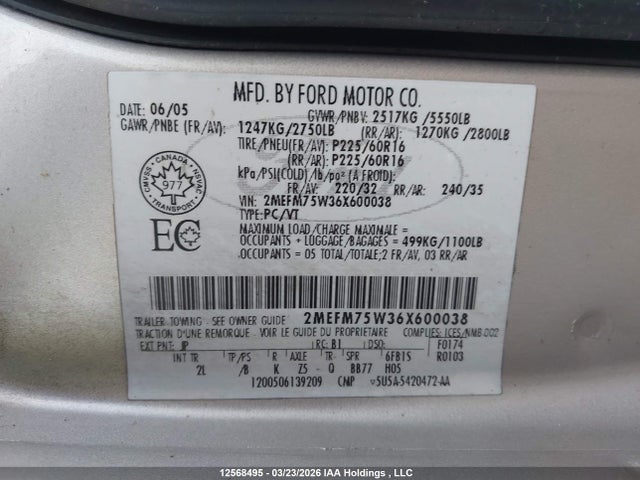 12568495 :رقم المزاد ، 2MEFM75W36X600038 vin ، 2006 Mercury Grand Marquis Ls مزاد بيع