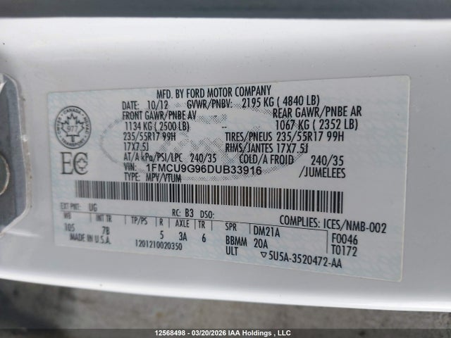 12568498 :رقم المزاد ، 1FMCU9G96DUB33916 vin ، 2013 Ford Escape Se مزاد بيع