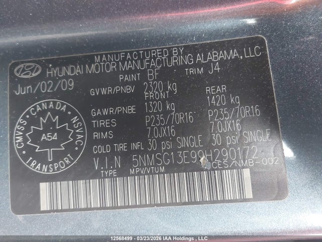 Продажа на аукционе авто 2009 Hyundai Santa Fe Gl/gls, vin: 5NMSG13E99H290172, номер лота: 12568499