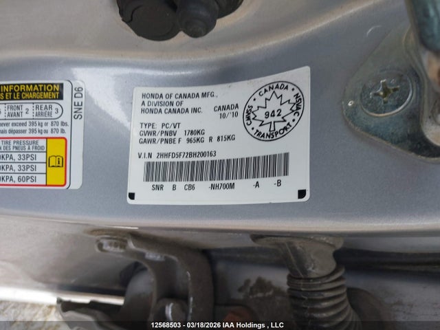 12568503 :رقم المزاد ، 2HHFD5F72BH200163 vin ، 2011 Acura Csx Technology مزاد بيع