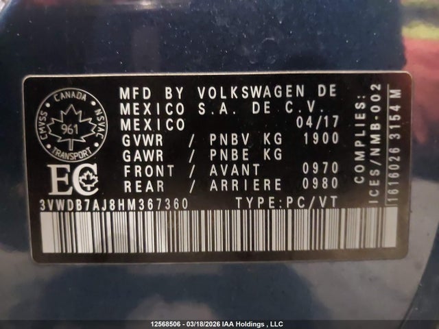 12568506 :رقم المزاد ، 3VWDB7AJ8HM367360 vin ، 2017 Volkswagen Jetta Se مزاد بيع