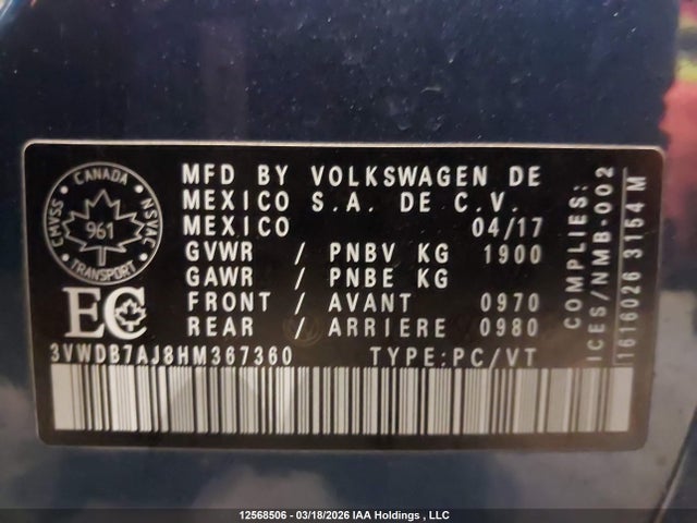 12568506 :رقم المزاد ، 3VWDB7AJ8HM367360 vin ، 2017 Volkswagen Jetta Se مزاد بيع