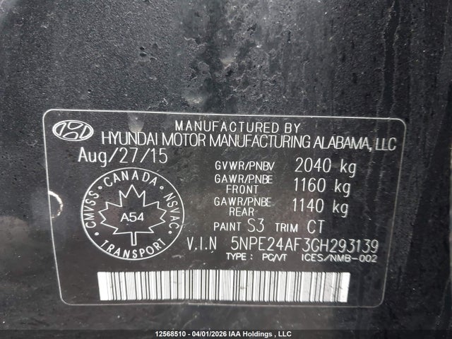5NPE24AF3GH293139 Hyundai SONATA SE