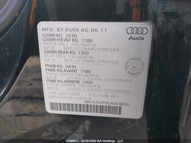 Aukcja sprzedaży 2012 Audi Q5 2.0t Premium, vin: WA1LFCFP3CA003856, numer aukcji: 12568511