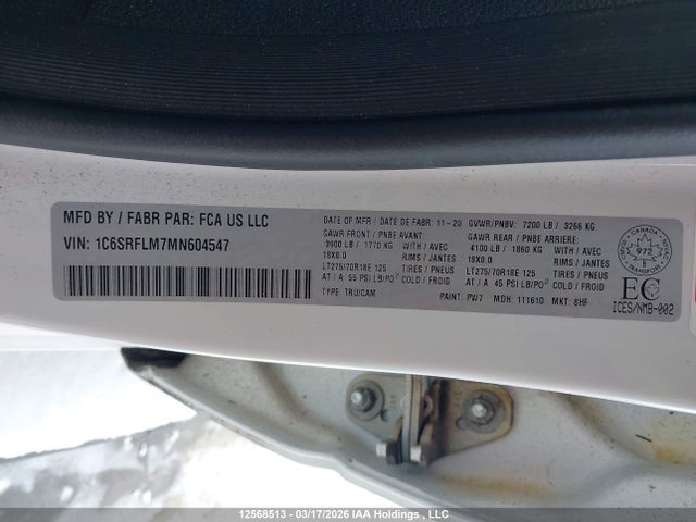 Aukcja sprzedaży 2021 Dodge Ram 1500, vin: 1C6SRFLM7MN604547, numer aukcji: 12568513