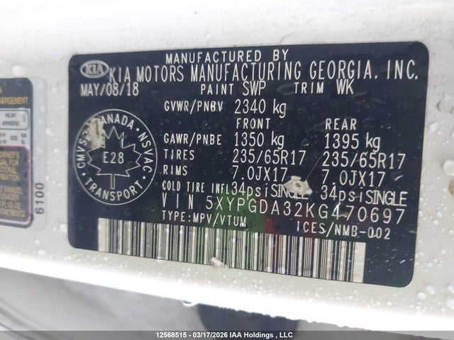 5XYPGDA32KG470697 KIA Sorento 2.4l Lx