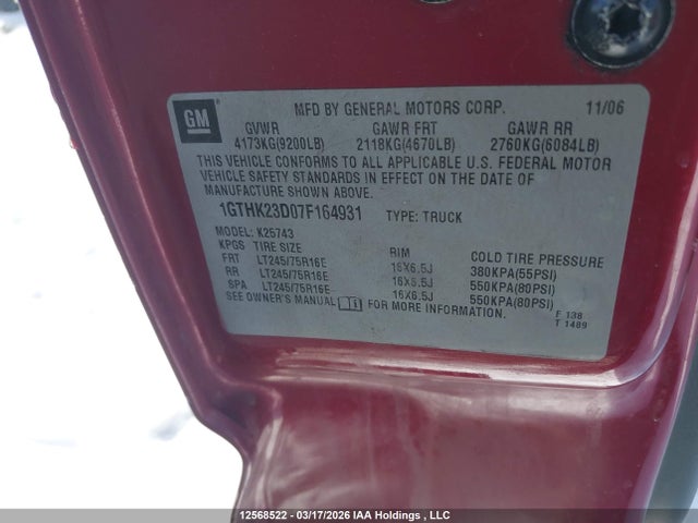 12568522 :رقم المزاد ، 1GTHK23D07F164931 vin ، 2007 Gmc Sierra K2500 Heavy Duty مزاد بيع