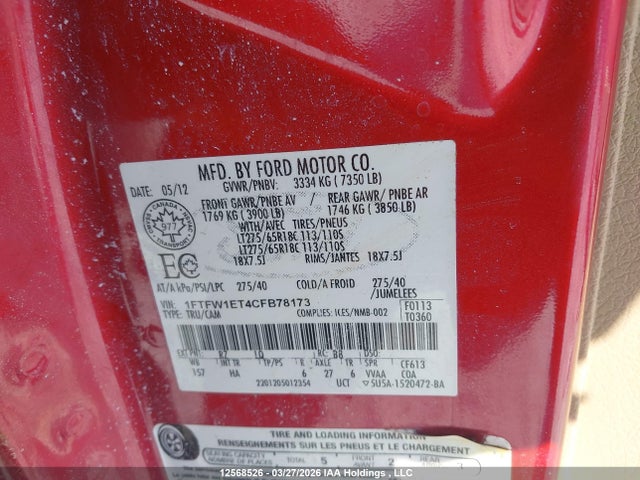 Aukcja sprzedaży 2012 Ford F-150, vin: 1FTFW1ET4CFB78173, numer aukcji: 12568526