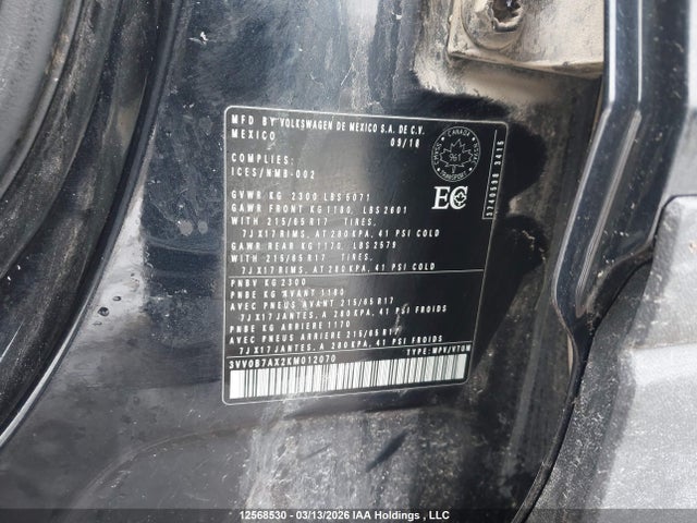 2019 Volkswagen Tiguan S მანქანა იყიდება აუქციონზე, vin: 3VV0B7AX2KM012070, აუქციონის ნომერი: 12568530