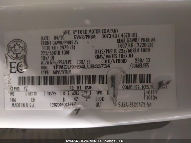 12568532 :رقم المزاد ، 1FMCU9H94LUB33734 vin ، 2020 Ford Escape Sel مزاد بيع
