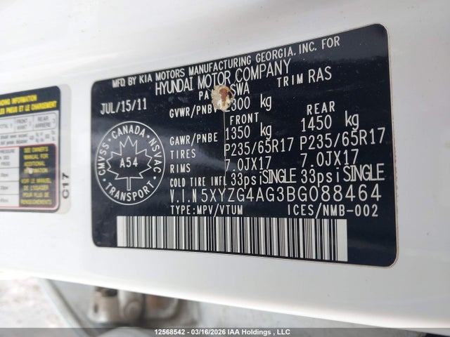 Продажа на аукционе авто 2011 Hyundai Santa Fe Gls, vin: 5XYZG4AG3BG088464, номер лота: 12568542