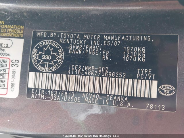 12568548 :رقم المزاد ، 4T1BE46K77U696252 vin ، 2007 Toyota Camry مزاد بيع