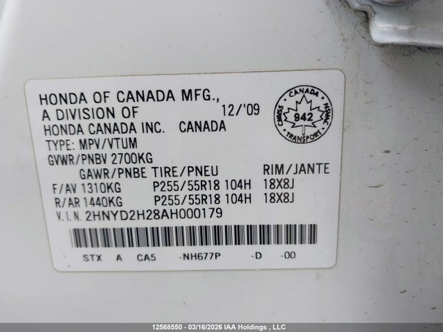 Aukcja sprzedaży 2010 Acura Mdx, vin: 2HNYD2H28AH000179, numer aukcji: 12568550