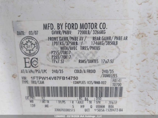 2007 Ford F150 Supercrew მანქანა იყიდება აუქციონზე, vin: 1FTPW14V87FB14750, აუქციონის ნომერი: 12568552