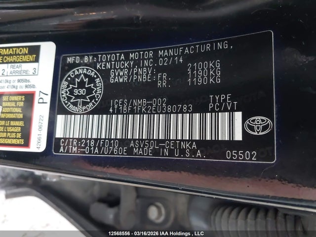 Aukcja sprzedaży 2014 Toyota Camry L/se/le/xle, vin: 4T1BF1FK2EU380783, numer aukcji: 12568556