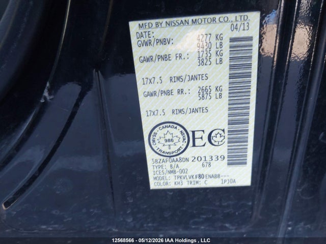 2013 Nissan Nv Passenger Nv3500 Hd S V8/sl V8/sv V8 მანქანა იყიდება აუქციონზე, vin: 5BZAF0AA8DN201339, აუქციონის ნომერი: 12568566