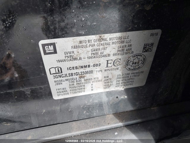 Продаж на аукціоні авто 2016 Chevrolet Trax, vin: 3GNCJLSB1GL230600, номер лоту: 12568568