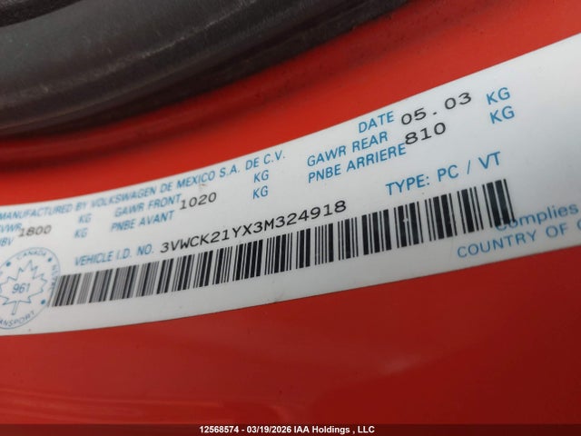 12568574 :رقم المزاد ، 3VWCK21YX3M324918 vin ، 2003 Volkswagen New Beetle Gls مزاد بيع