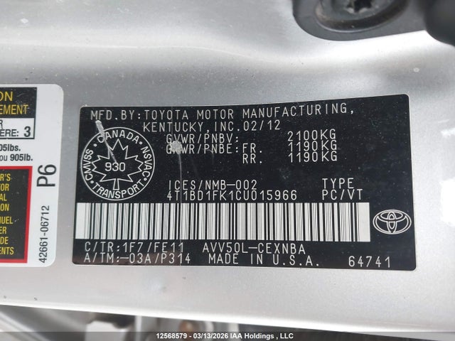 2012 Toyota Camry მანქანა იყიდება აუქციონზე, vin: 4T1BD1FK1CU015966, აუქციონის ნომერი: 12568579