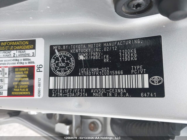 2012 Toyota Camry მანქანა იყიდება აუქციონზე, vin: 4T1BD1FK1CU015966, აუქციონის ნომერი: 12568579