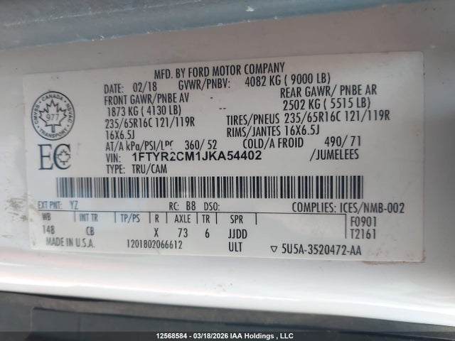 Aukcja sprzedaży 2018 Ford Transit, vin: 1FTYR2CM1JKA54402, numer aukcji: 12568584