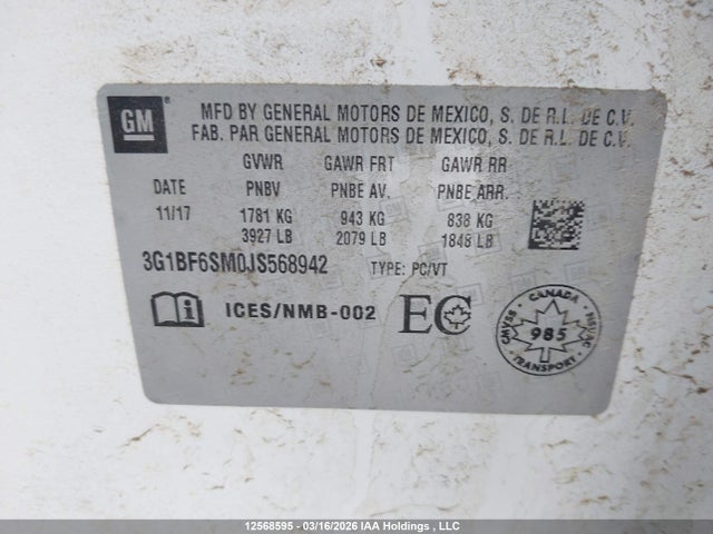 2018 Chevrolet Cruze Premier მანქანა იყიდება აუქციონზე, vin: 3G1BF6SM0JS568942, აუქციონის ნომერი: 12568595